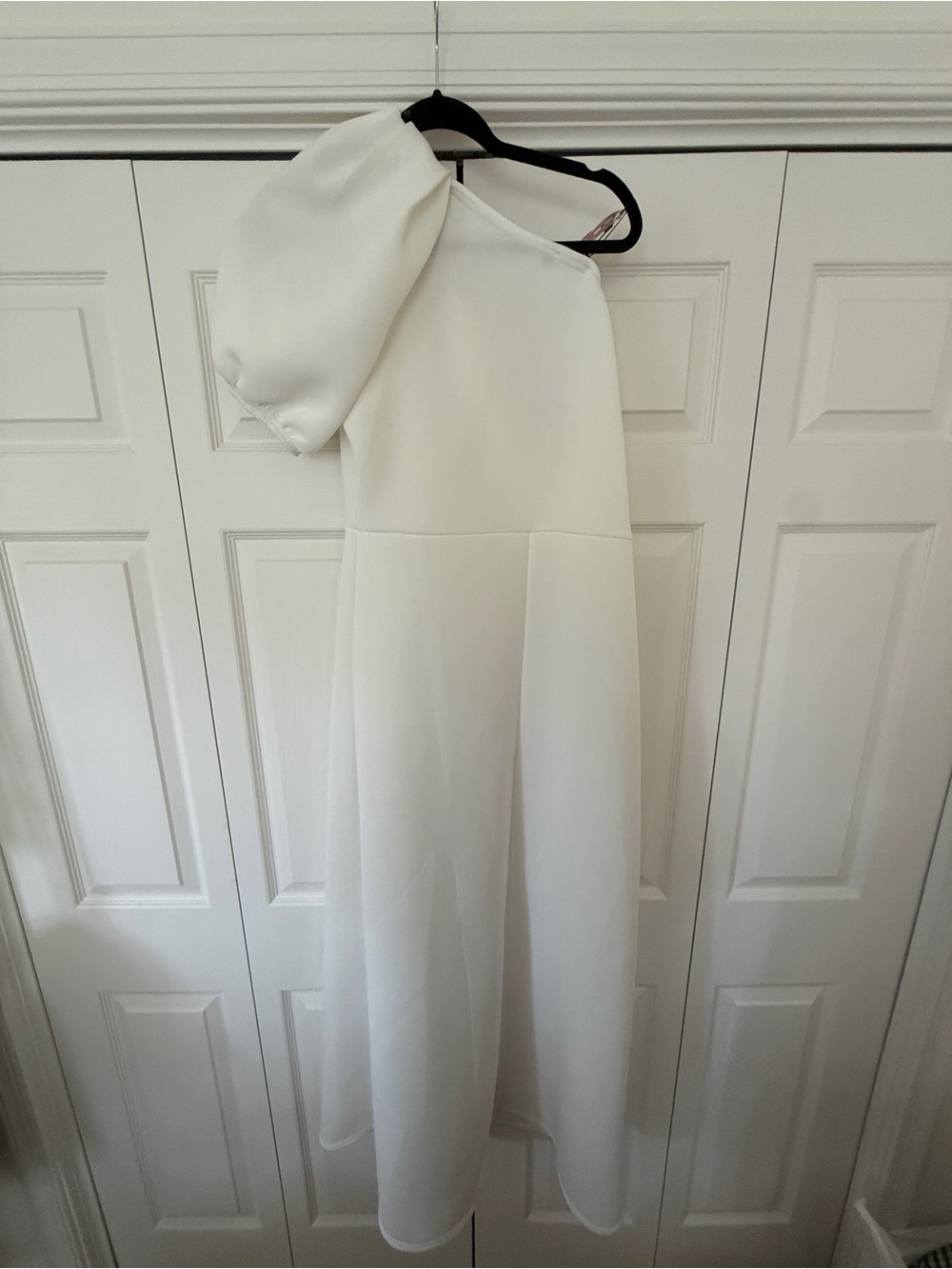 Boohoo White One-Shoulder Puff Sleeve Midi Dress